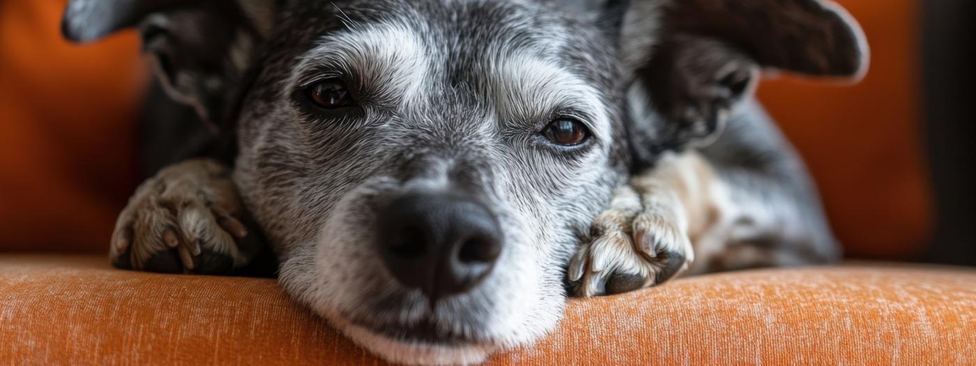 old grey dog on sofa